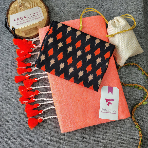 Orange Handloom Cotton Saree With Tassels & Printed Blouse-Fronlioz