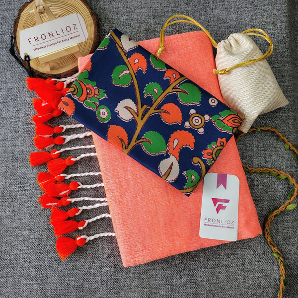 Orange Handloom Cotton Saree With Tassels & Printed Blouse-Fronlioz