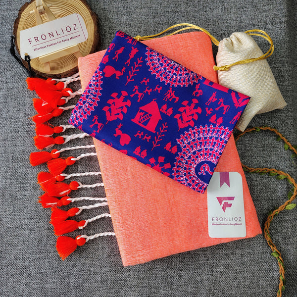 Orange Handloom Cotton Saree With Tassels & Printed Blouse-Fronlioz