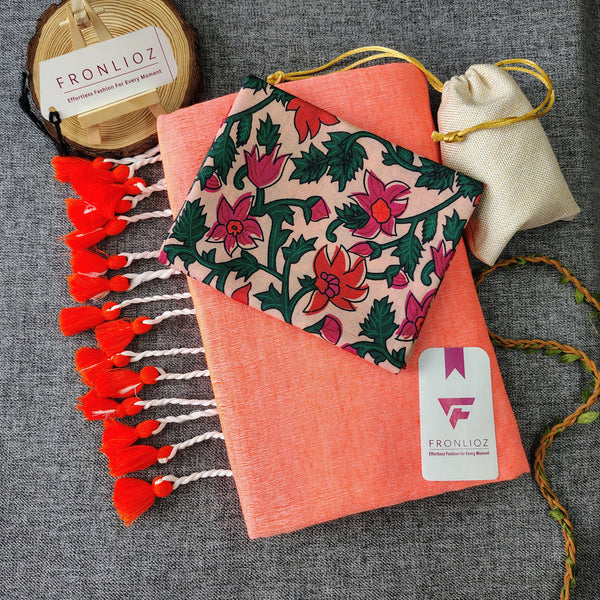 Orange Handloom Cotton Saree With Tassels & Printed Blouse-Fronlioz