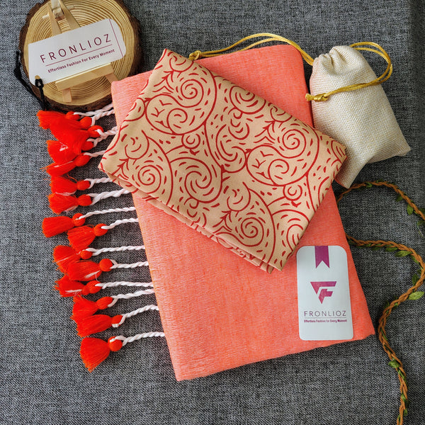 Orange Handloom Cotton Saree With Tassels & Printed Blouse-Fronlioz