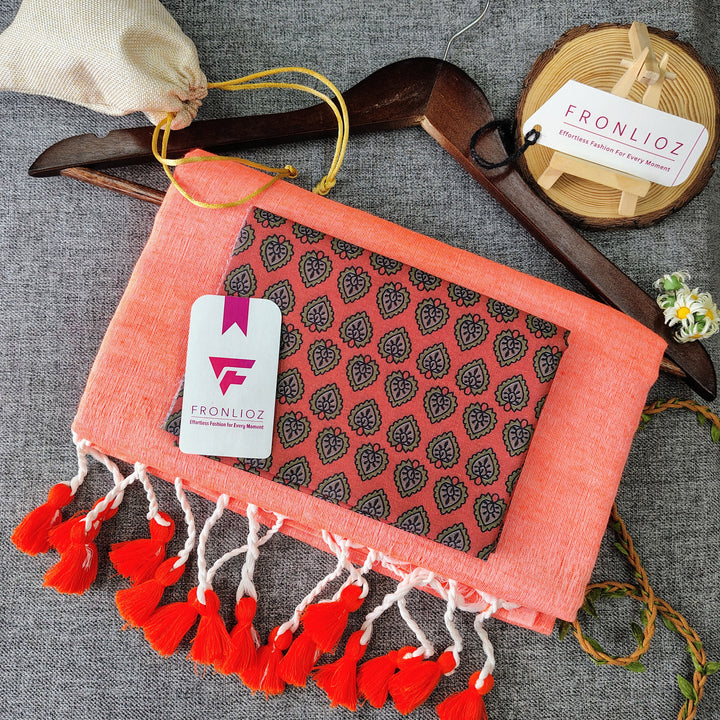 Orange Handloom Cotton Saree With Tassels & Printed Blouse-Fronlioz