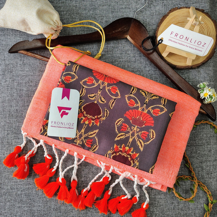 Orange Handloom Cotton Saree With Tassels & Printed Blouse-Fronlioz