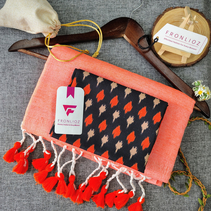 Orange Handloom Cotton Saree With Tassels & Printed Blouse-Fronlioz