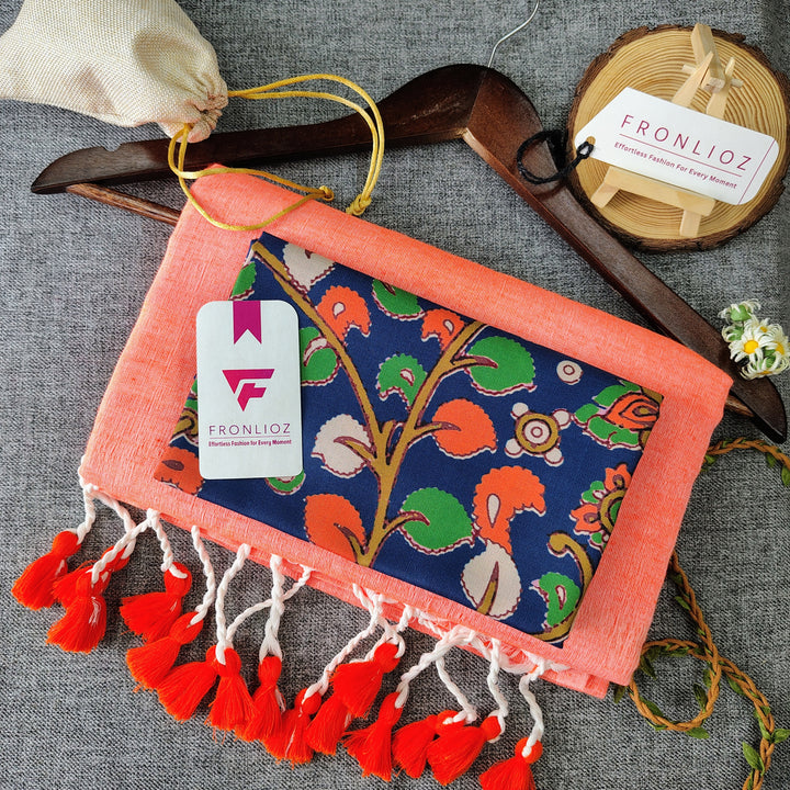 Orange Handloom Cotton Saree With Tassels & Printed Blouse-Fronlioz