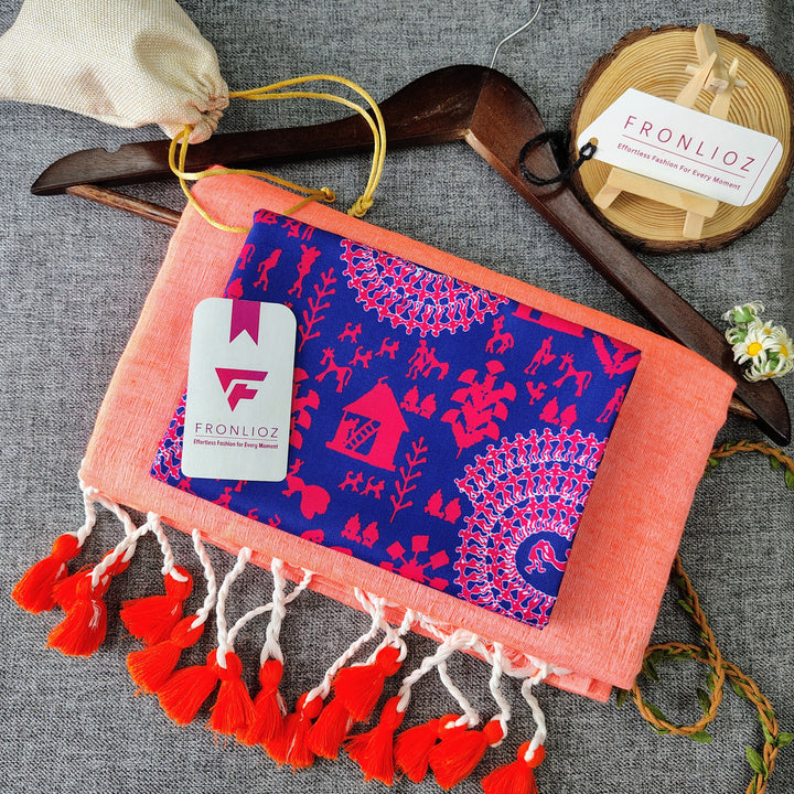 Orange Handloom Cotton Saree With Tassels & Printed Blouse-Fronlioz