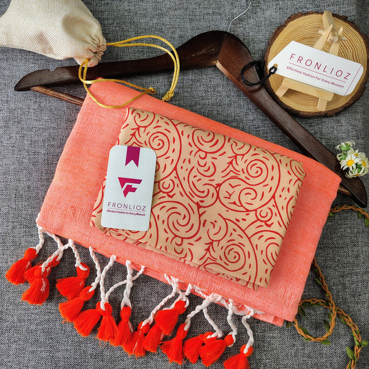 Orange Handloom Cotton Saree With Tassels & Printed Blouse-Fronlioz