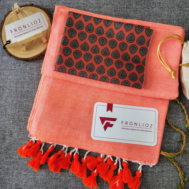 Orange Handloom Cotton Saree With Tassels & Printed Blouse-Fronlioz