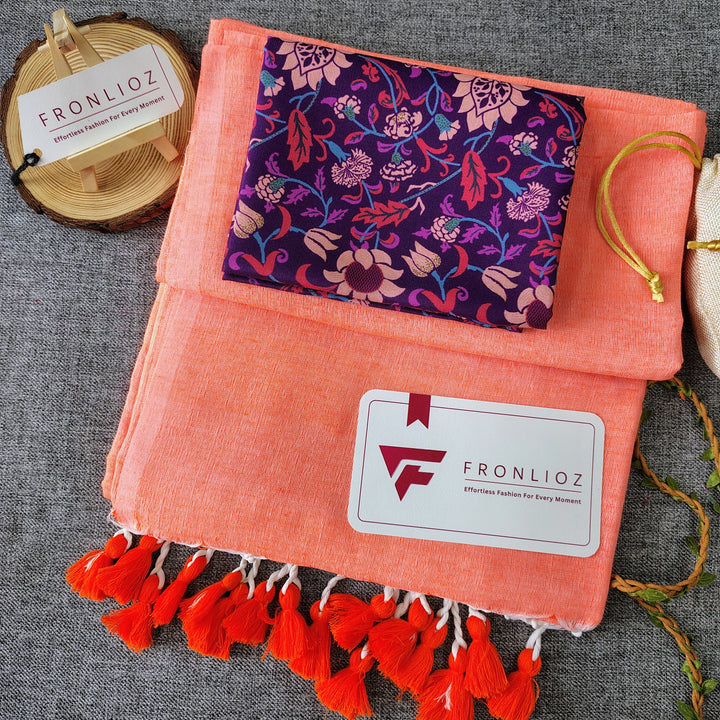Orange Handloom Cotton Saree With Tassels & Printed Blouse-Fronlioz