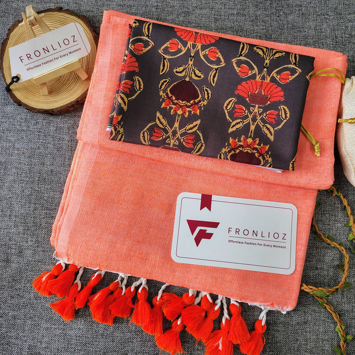 Orange Handloom Cotton Saree With Tassels & Printed Blouse-Fronlioz