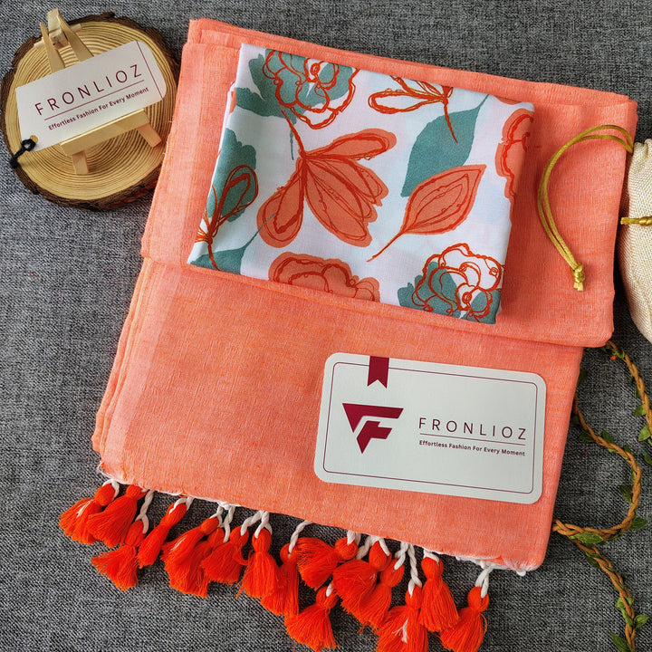 Orange Handloom Cotton Saree With Tassels & Printed Blouse-Fronlioz