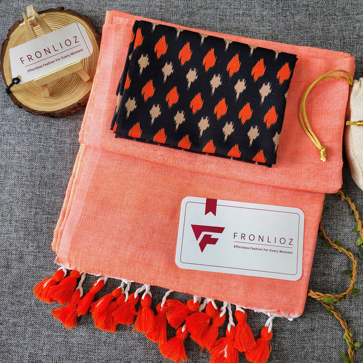 Orange Handloom Cotton Saree With Tassels & Printed Blouse-Fronlioz