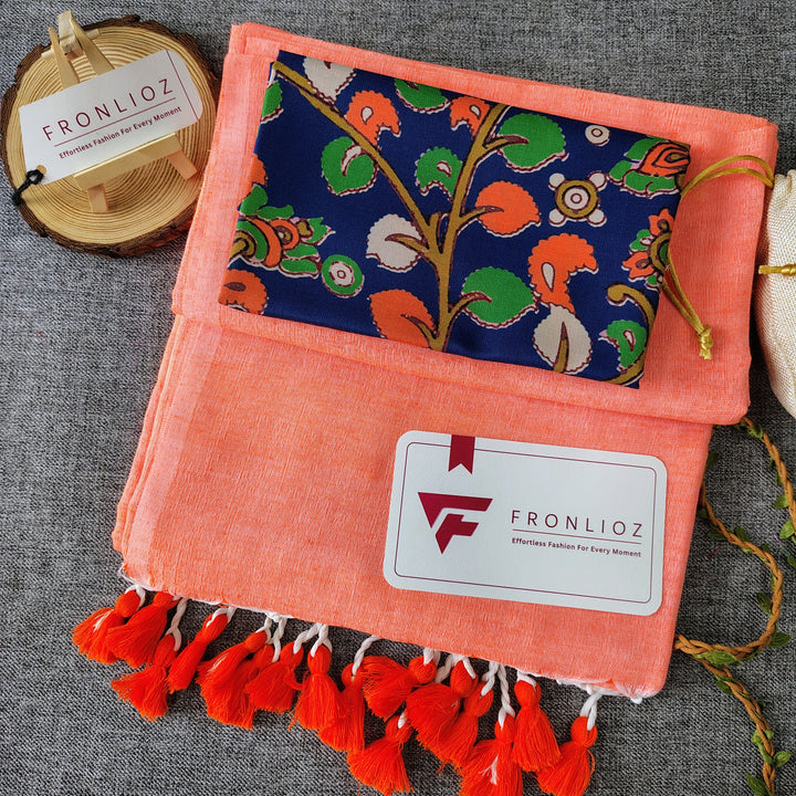 Orange Handloom Cotton Saree With Tassels & Printed Blouse-Fronlioz