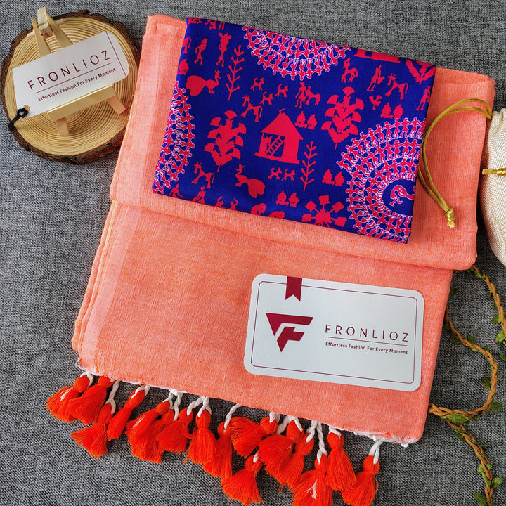Orange Handloom Cotton Saree With Tassels & Printed Blouse-Fronlioz