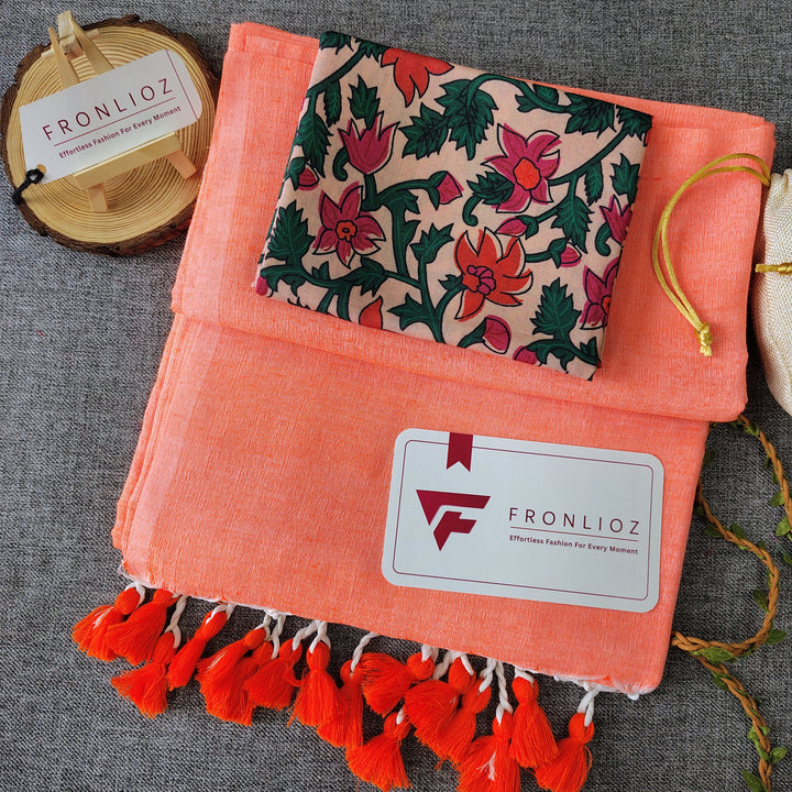 Orange Handloom Cotton Saree With Tassels & Printed Blouse-Fronlioz