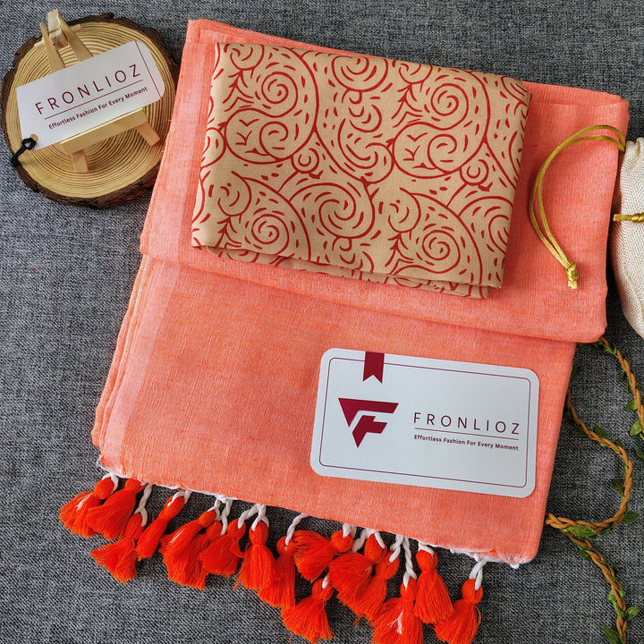Orange Handloom Cotton Saree With Tassels & Printed Blouse-Fronlioz