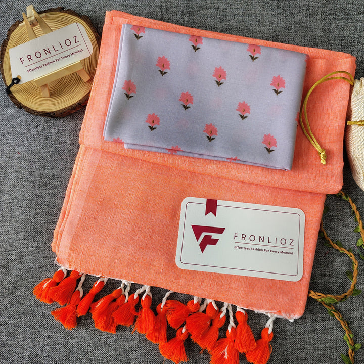 Orange Handloom Cotton Saree With Tassels & Printed Blouse-Fronlioz
