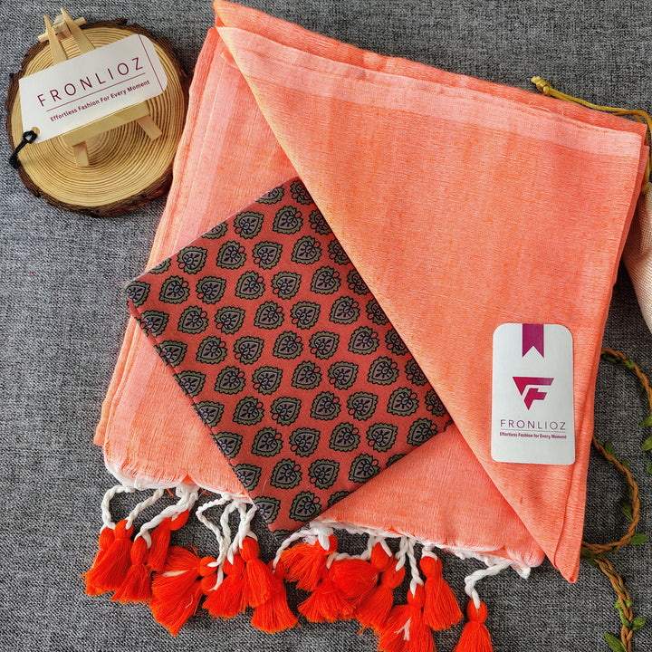 Orange Handloom Cotton Saree With Tassels & Printed Blouse-Fronlioz