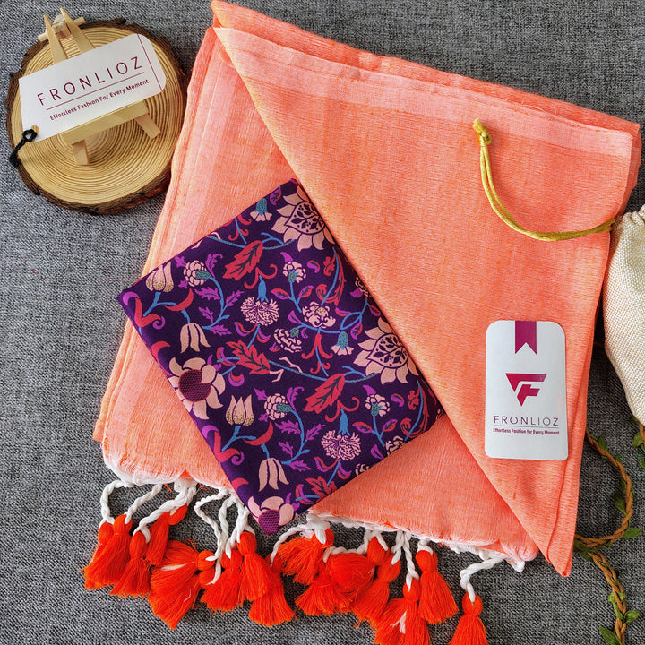 Orange Handloom Cotton Saree With Tassels & Printed Blouse-Fronlioz