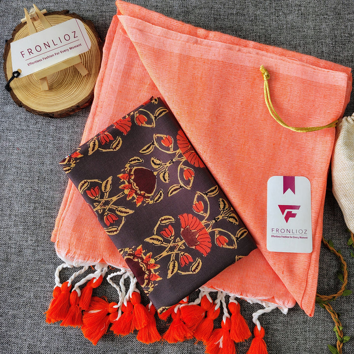 Orange Handloom Cotton Saree With Tassels & Printed Blouse-Fronlioz