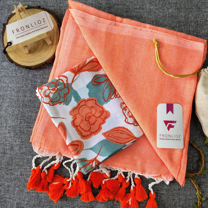 Orange Handloom Cotton Saree With Tassels & Printed Blouse-Fronlioz