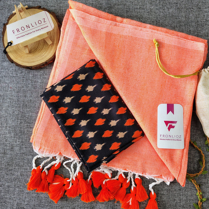 Orange Handloom Cotton Saree With Tassels & Printed Blouse-Fronlioz