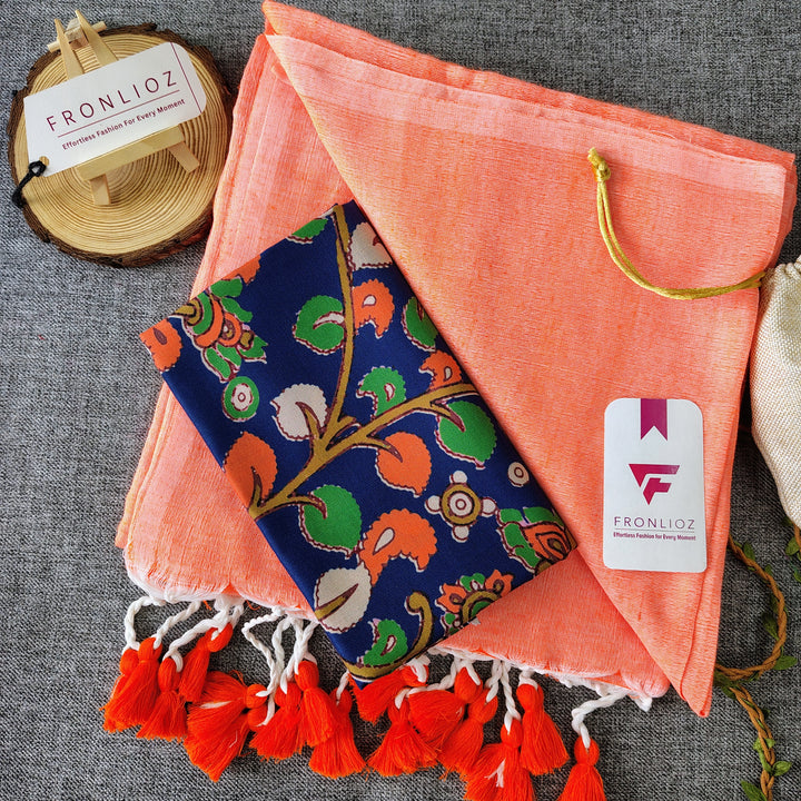 Orange Handloom Cotton Saree With Tassels & Printed Blouse-Fronlioz