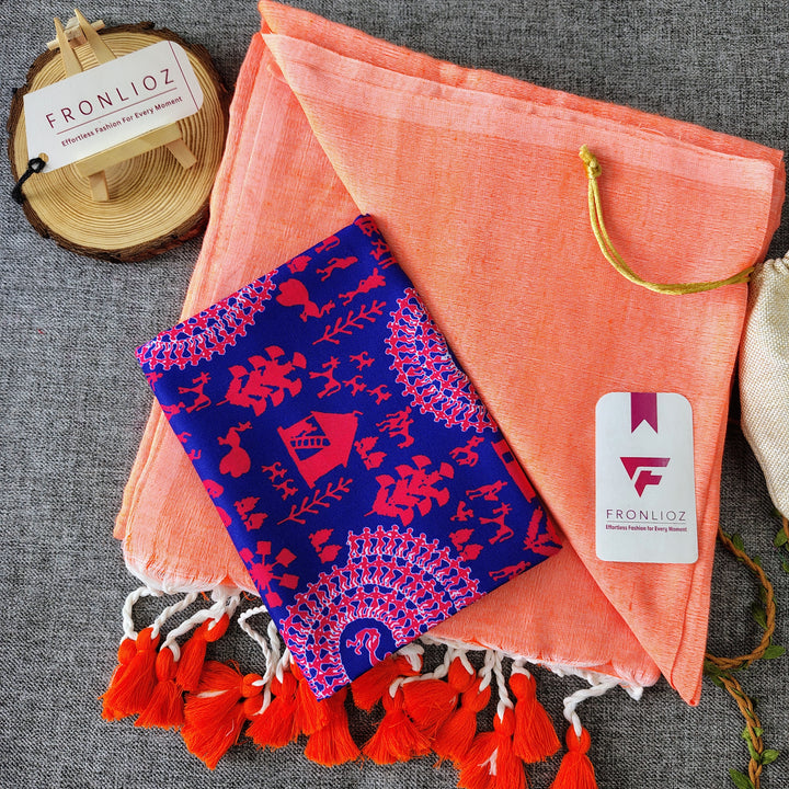 Orange Handloom Cotton Saree With Tassels & Printed Blouse-Fronlioz