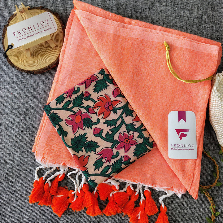 Orange Handloom Cotton Saree With Tassels & Printed Blouse-Fronlioz