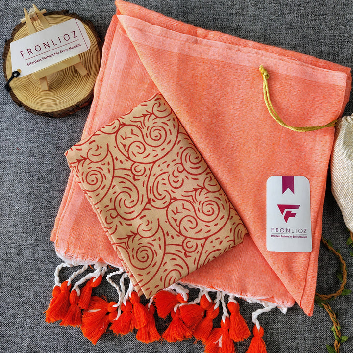 Orange Handloom Cotton Saree With Tassels & Printed Blouse-Fronlioz