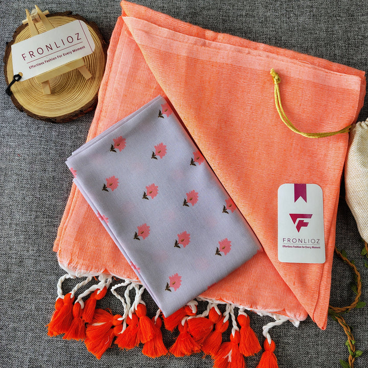 Orange Handloom Cotton Saree With Tassels & Printed Blouse-Fronlioz