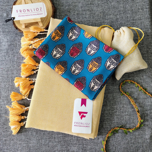 Cream Handloom Cotton Saree With Tassels & Printed Blouse-Fronlioz