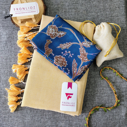 Cream Handloom Cotton Saree With Tassels & Printed Blouse-Fronlioz