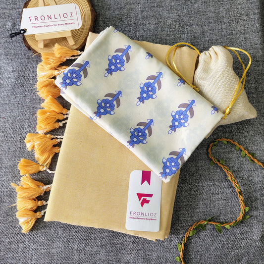 Cream Handloom Cotton Saree With Tassels & Printed Blouse-Fronlioz