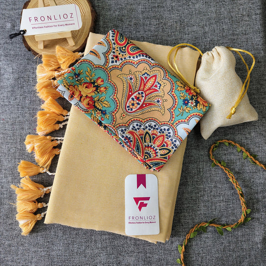 Cream Handloom Cotton Saree With Tassels & Printed Blouse-Fronlioz