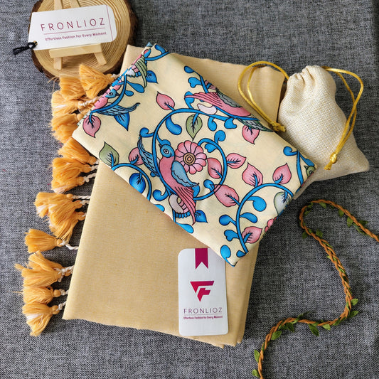 Cream Handloom Cotton Saree With Tassels & Printed Blouse-Fronlioz