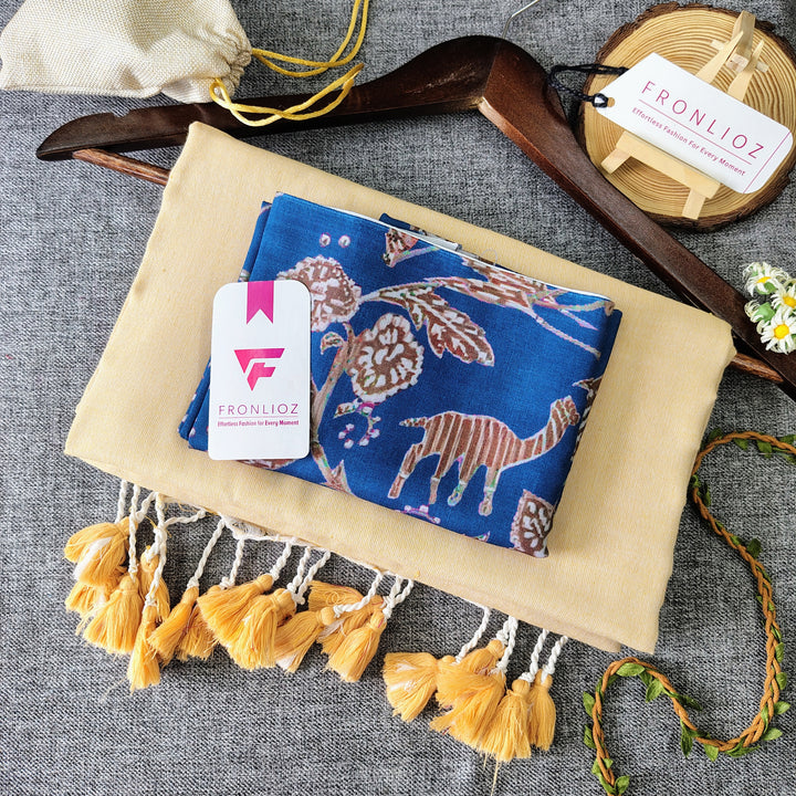 Cream Handloom Cotton Saree With Tassels & Printed Blouse-Fronlioz