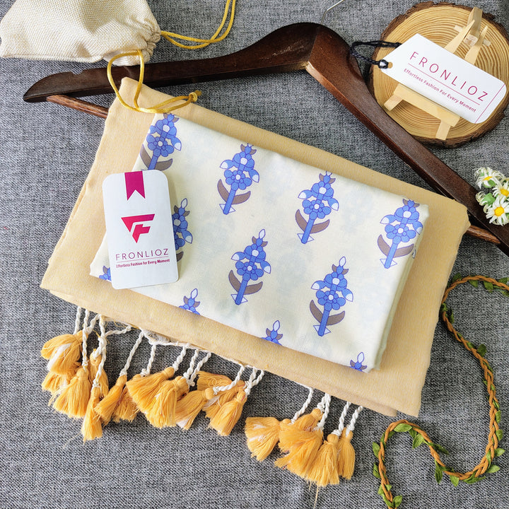 Cream Handloom Cotton Saree With Tassels & Printed Blouse-Fronlioz
