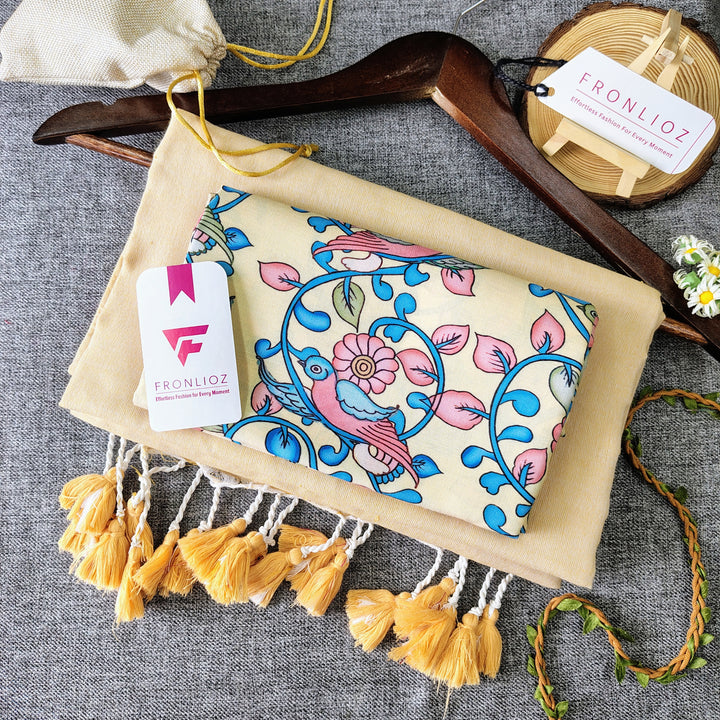 Cream Handloom Cotton Saree With Tassels & Printed Blouse-Fronlioz