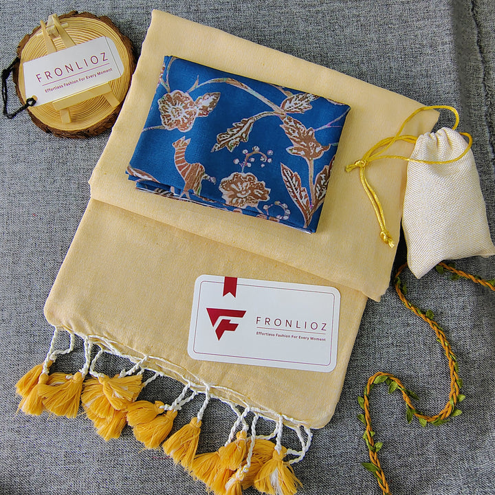 Cream Handloom Cotton Saree With Tassels & Printed Blouse-Fronlioz