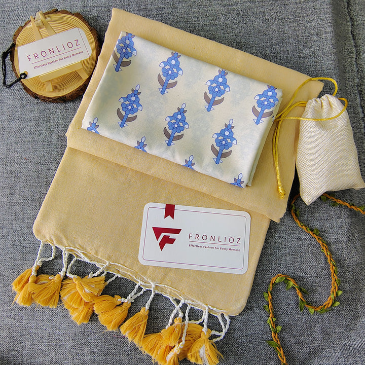 Cream Handloom Cotton Saree With Tassels & Printed Blouse-Fronlioz