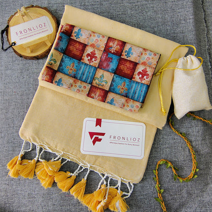 Cream Handloom Cotton Saree With Tassels & Printed Blouse-Fronlioz