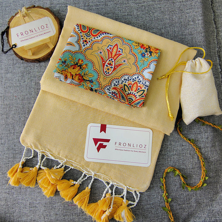 Cream Handloom Cotton Saree With Tassels & Printed Blouse-Fronlioz