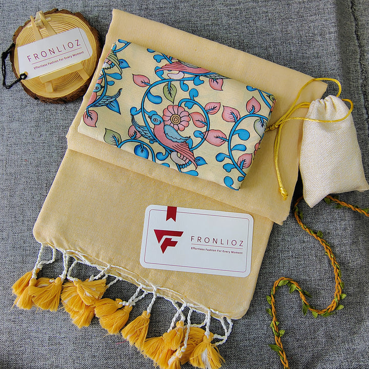 Cream Handloom Cotton Saree With Tassels & Printed Blouse-Fronlioz