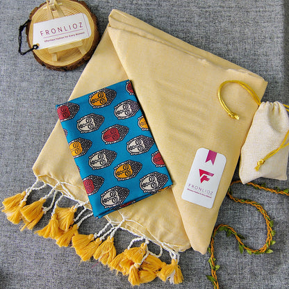 Cream Handloom Cotton Saree With Tassels & Printed Blouse-Fronlioz