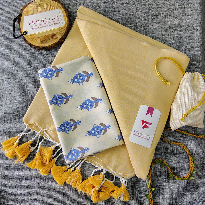 Cream Handloom Cotton Saree With Tassels & Printed Blouse-Fronlioz