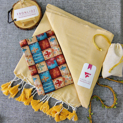 Cream Handloom Cotton Saree With Tassels & Printed Blouse-Fronlioz