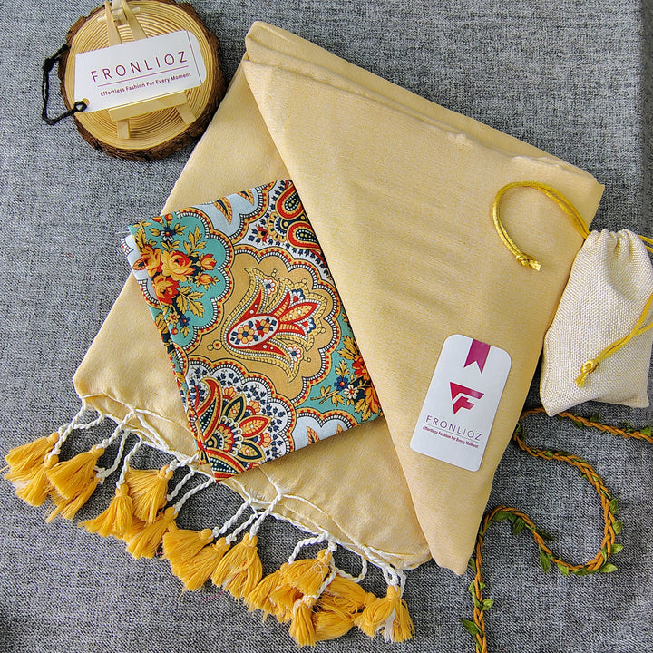 Cream Handloom Cotton Saree With Tassels & Printed Blouse-Fronlioz