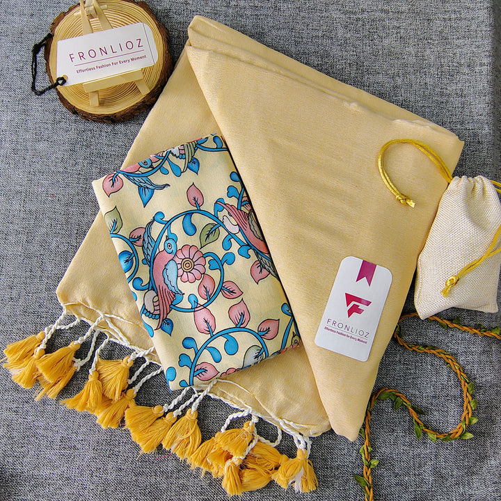 Cream Handloom Cotton Saree With Tassels & Printed Blouse-Fronlioz