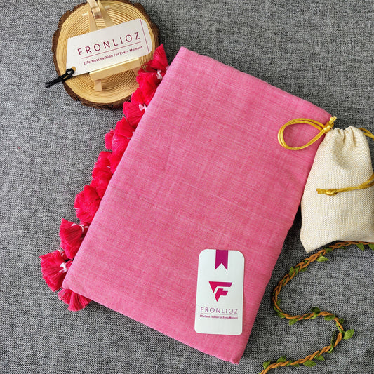Baby Pink Handloom Cotton Saree With PomPom-Fronlioz